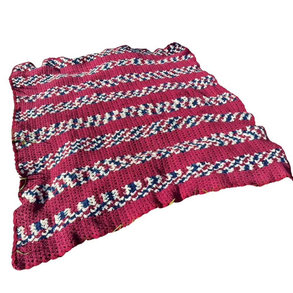 Vintage Handmade Crochet Afghan Blanket Red White Blue 56” Square Throw‎